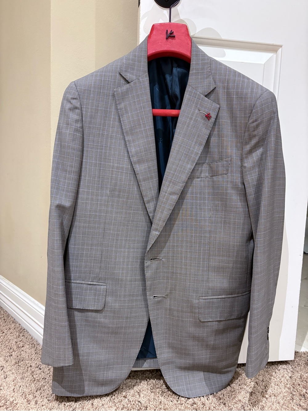 Isaia men’s Gregory base sportcoat in blue and brown check pattern.